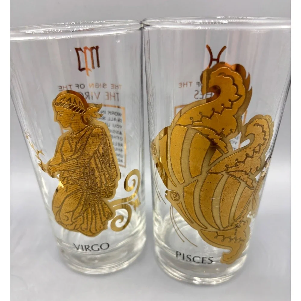 Vtg Set of 5 Gold‎ Zodiac Astrology Glasses Tumblers Barware 22 kt gold
